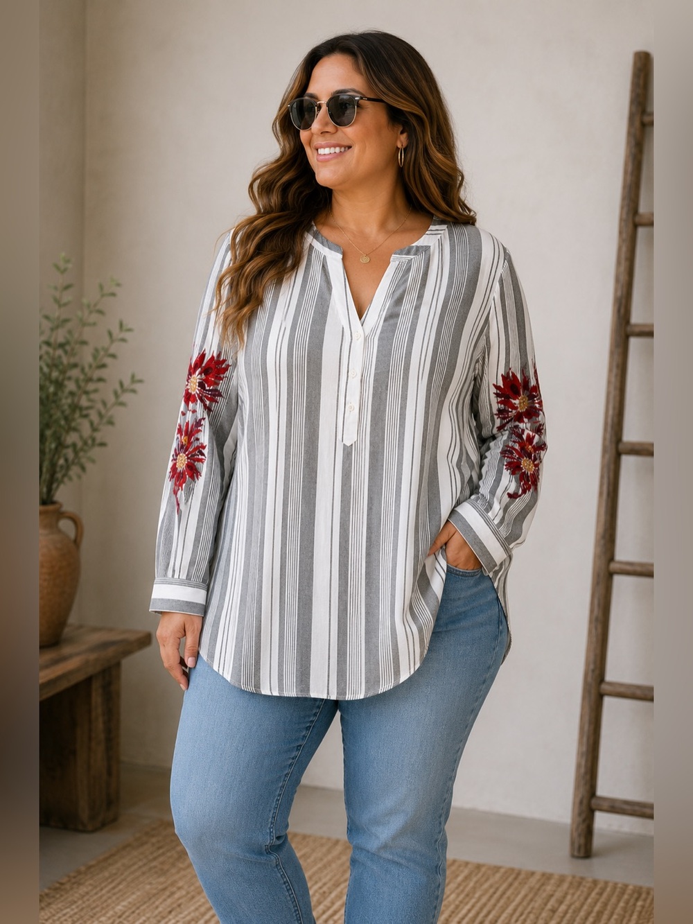 Pixley White & Black Vertical Stripe Henley Floral Embroidered Tunic Top 2X